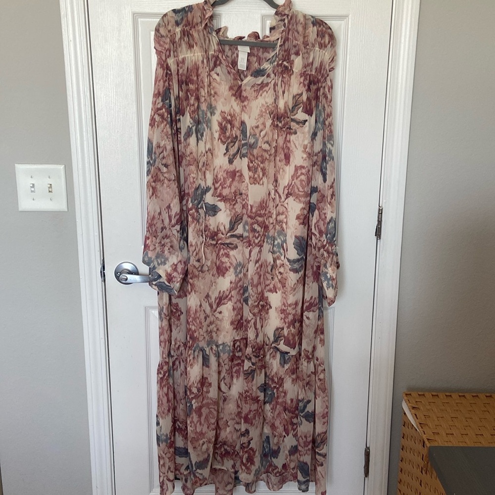 H&M Floral Maxi Dress in Cream, Mauve, Slate Blue